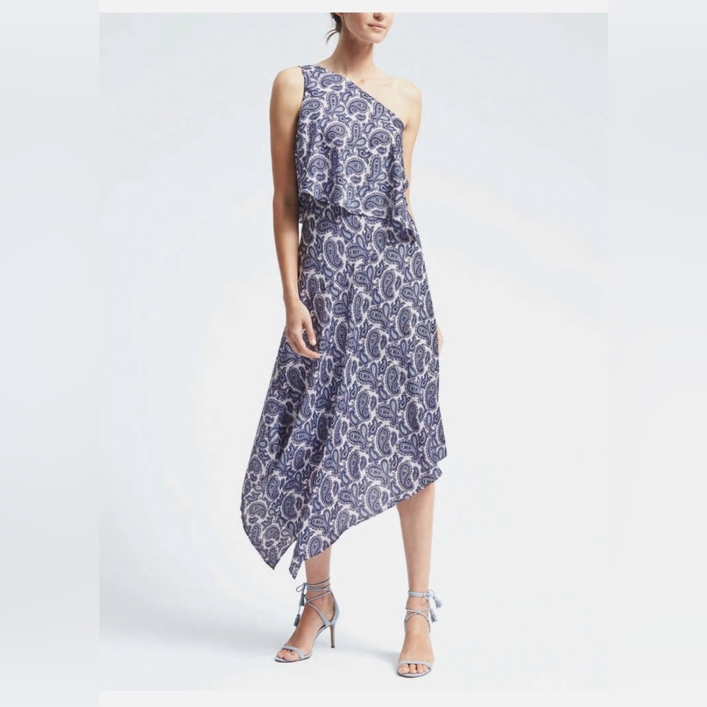 Banana Republic Paisley High Low Midi Dress Size‎ 12 Blue One Shoulder Layered